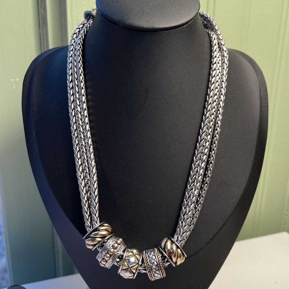 Chico's Tri Layer Strand Heavy Metal Chain Ring Charm Chunky Necklace